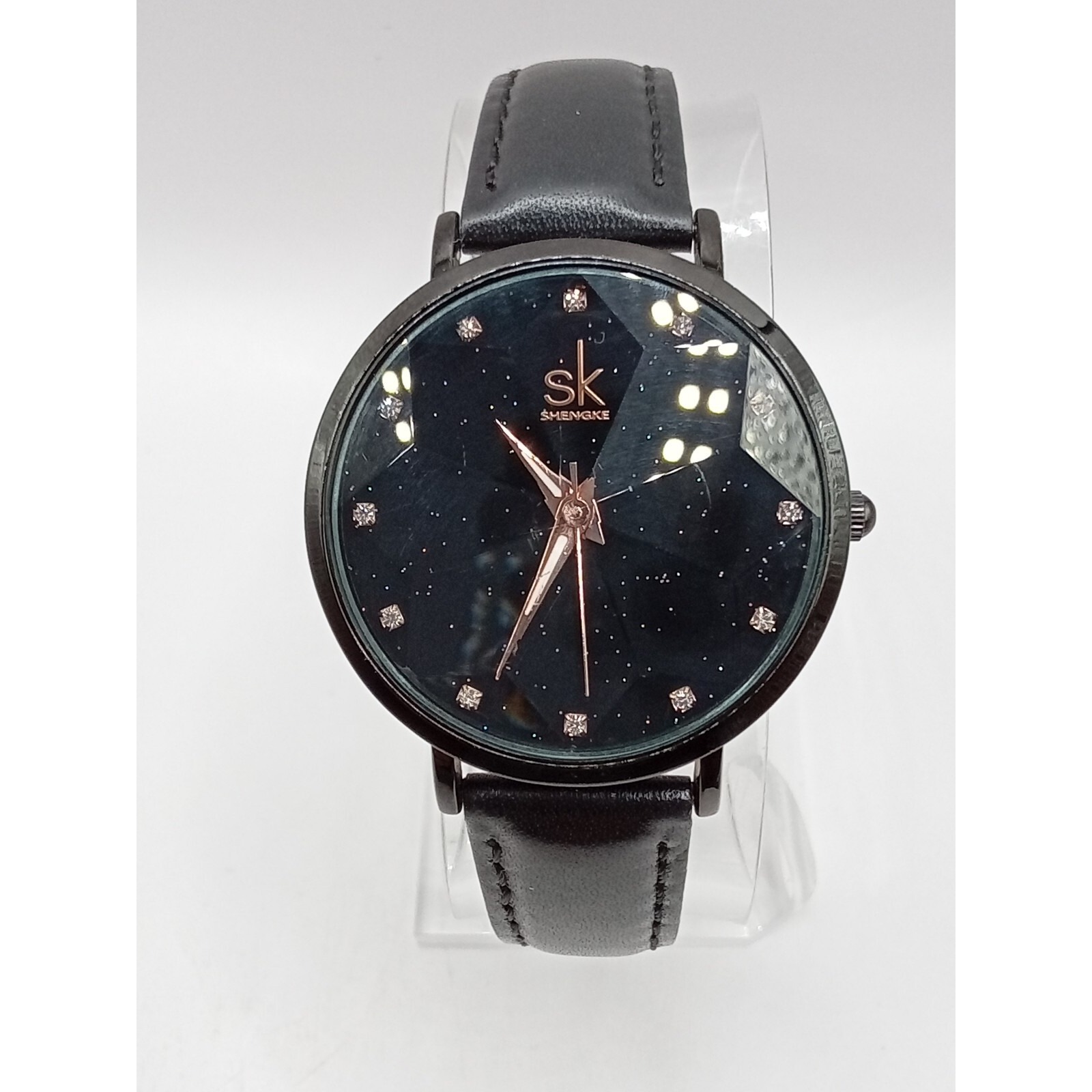 Shengke Women's Black Prism Crystal Leather Band Quartz Watch- New Battery